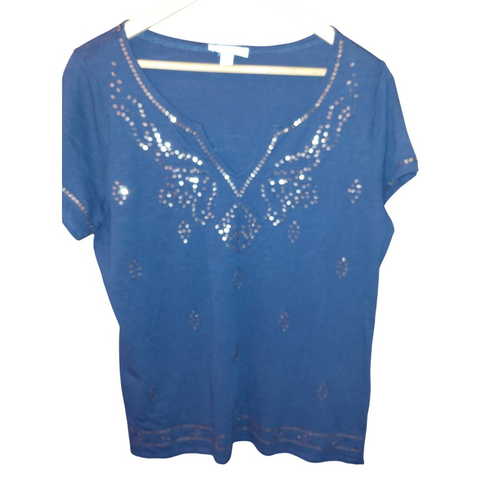 Westport 1962 Blue Sequin Embellished Split V-Neck Short Sleeve Top Size L